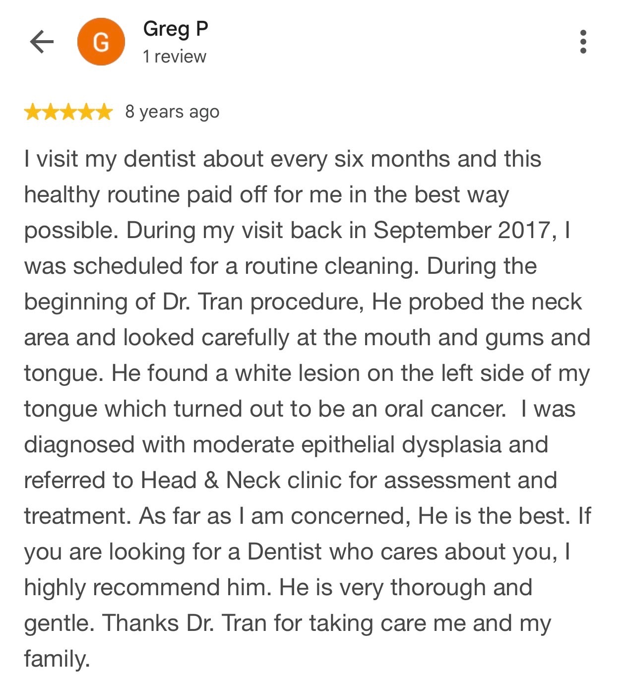 Five-star Google review from Greg P recommending Dr. Tran for thorough, gentle care and a careful oral health examination.