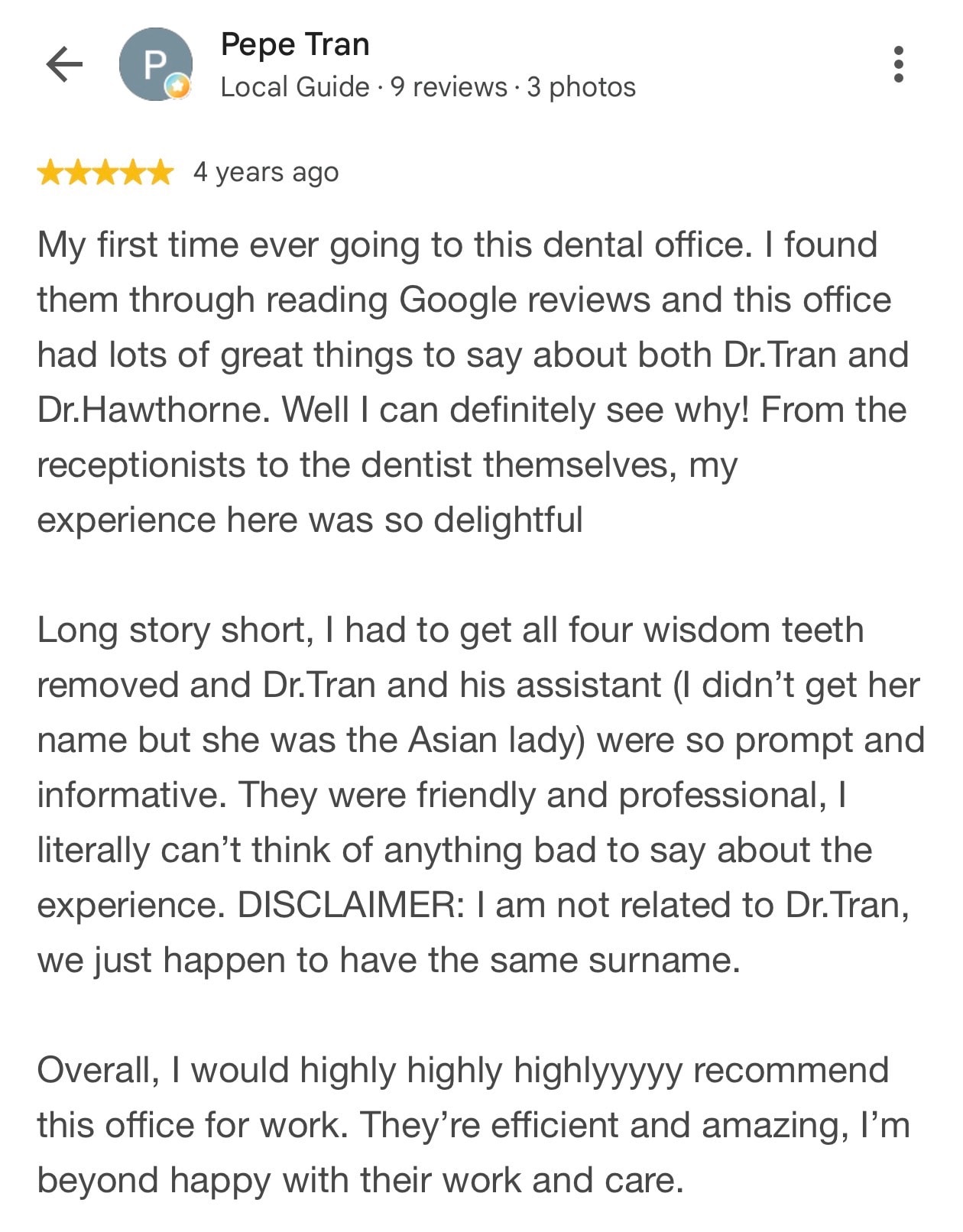 Five-star Google review from Pepe Tran praising the prompt, professional, and informative care from Dr. Tran and the Deep Cove Dental team.
