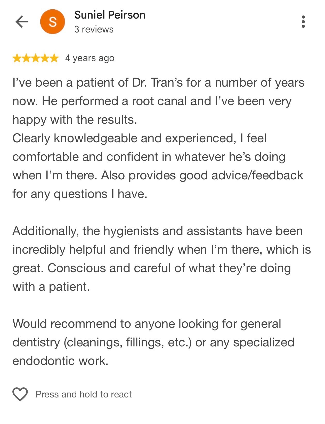 Five-star Google review from Suniel Peirson recommending Dr. Tran, the hygienists, and assistants for friendly, careful dental care.